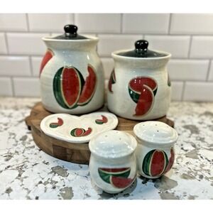 Watermelon 6PC Kitchen Set- Canister Spoon Rest Salt & Pepper Shakers  HANDMADE